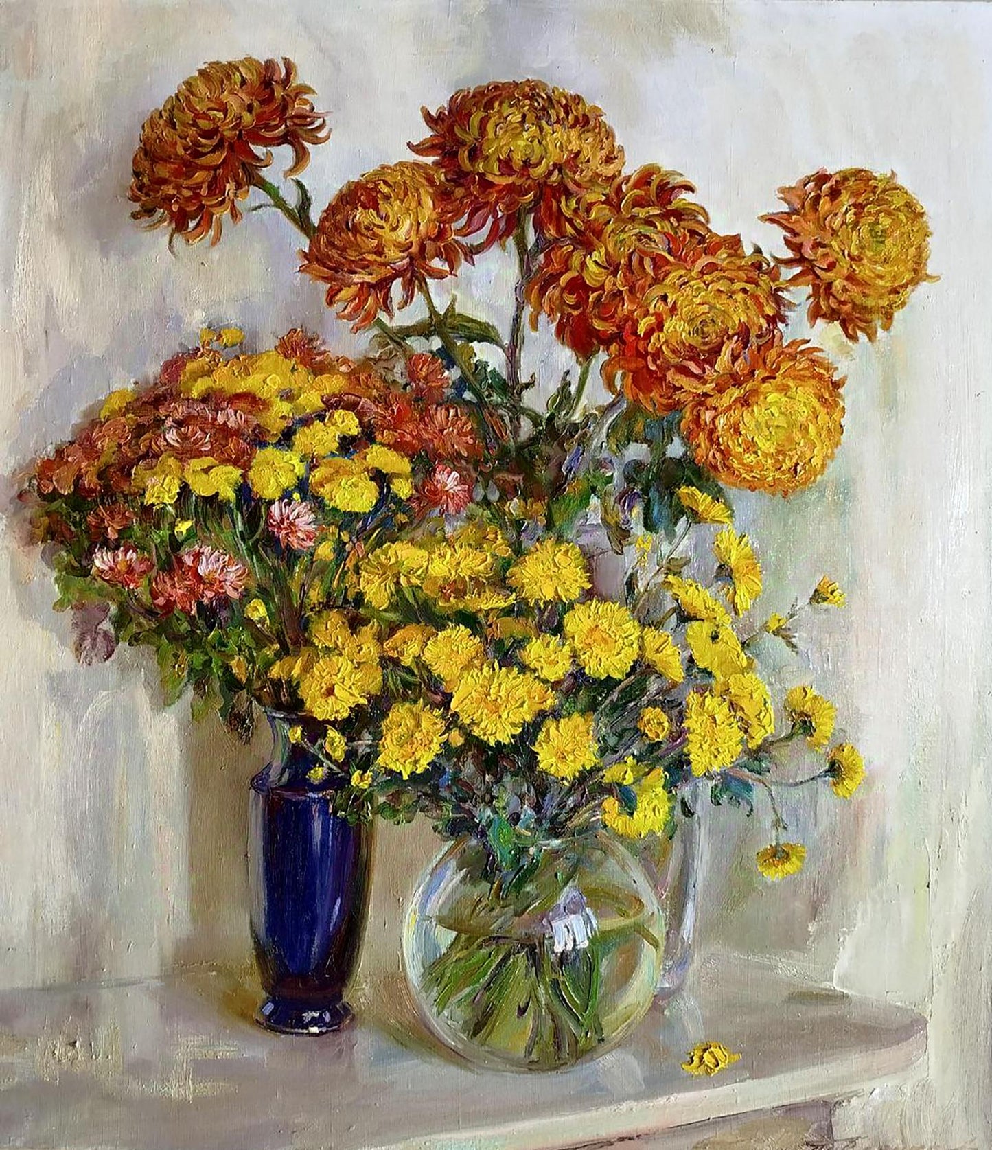Oil painting of autumn bouquet by Leonid Pavlenko: orange yellow chrysanthemums