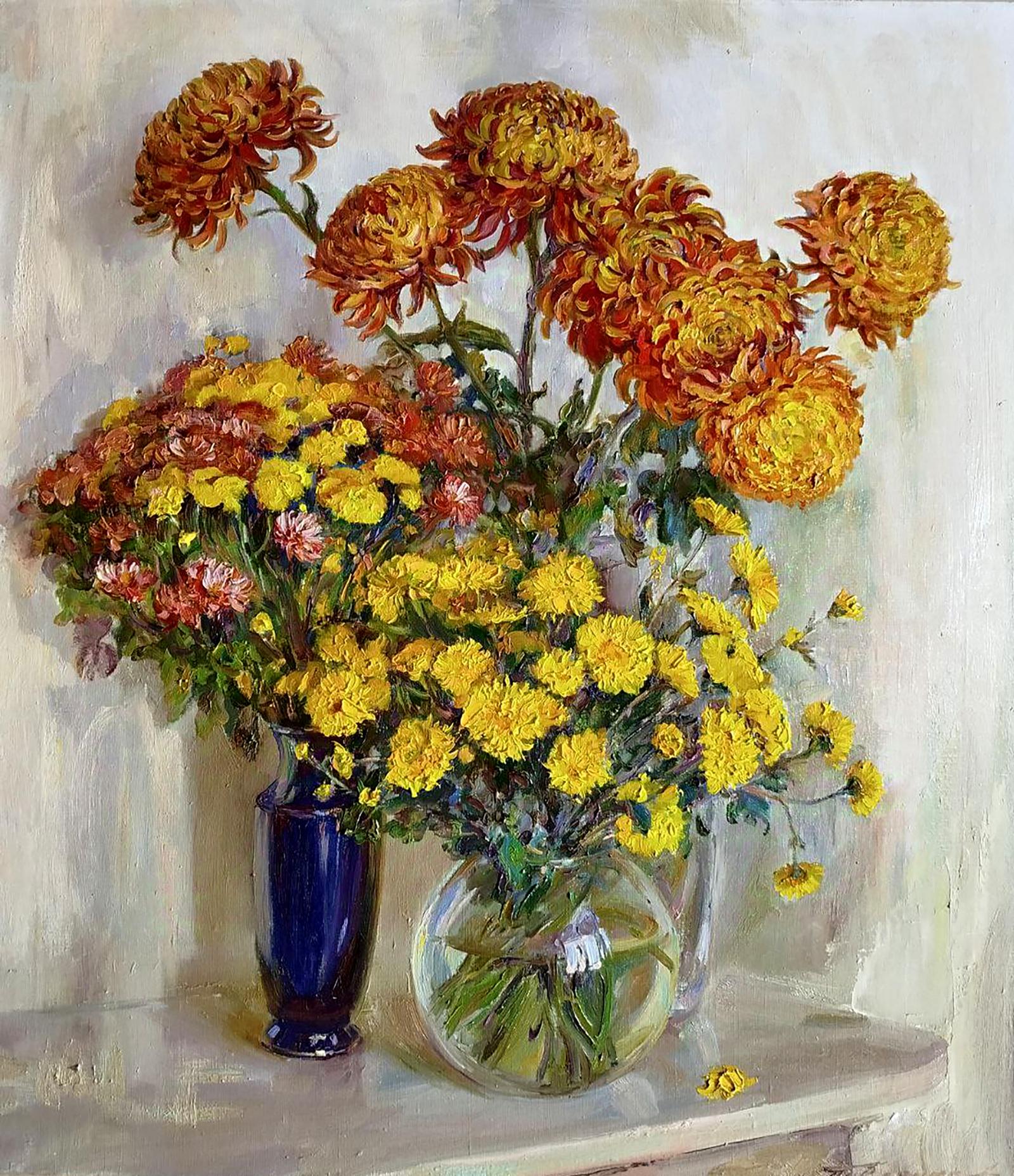 Oil painting of autumn bouquet by Leonid Pavlenko: orange yellow chrysanthemums