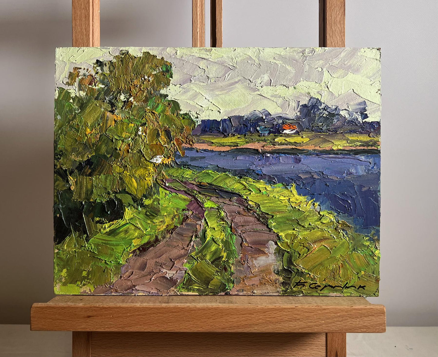 Oil painting Road near the river by Boris Serdyuk: path to blue river