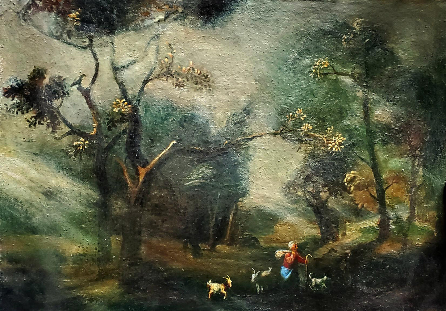 Rustic oil painting by Daniil Litvinov: pastoral landscape with goats, trees, mist