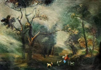 Rustic oil painting by Daniil Litvinov: pastoral landscape with goats, trees, mist
