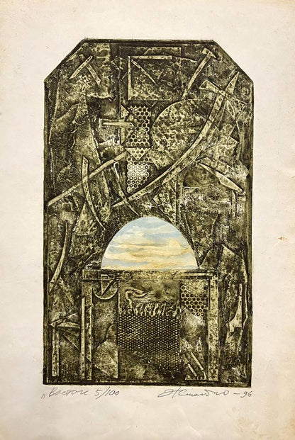 Etching painting East Oleksandr Zhmailo: textured abstract forms with arched window sky