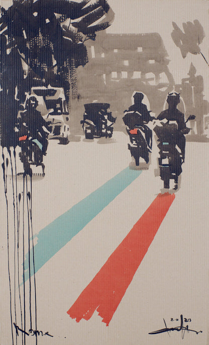 Watercolor painting of Rome street scene with motorcyclists by Dima Filatov