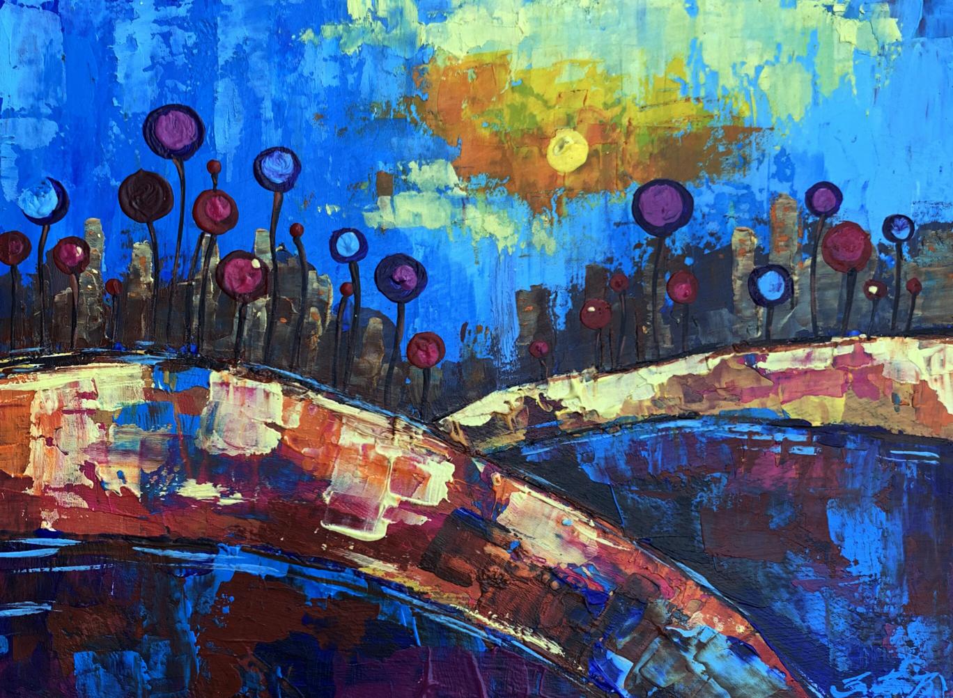 Vibrant oil painting A childhood dream by V. Zadorozhnya with circular flowers