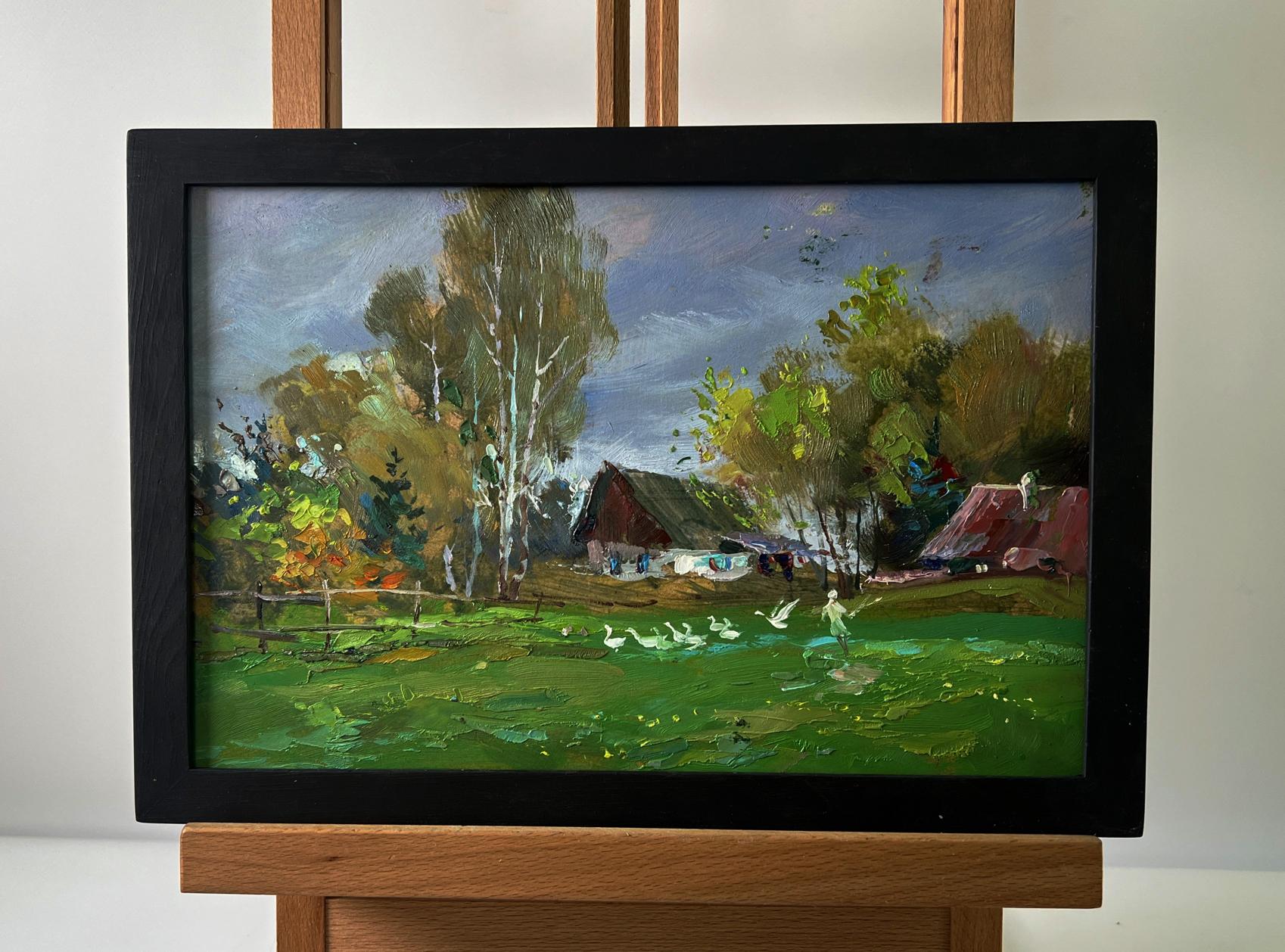 Oil painting Country geese by Yuriy Suprunchuk, rural scene with fields