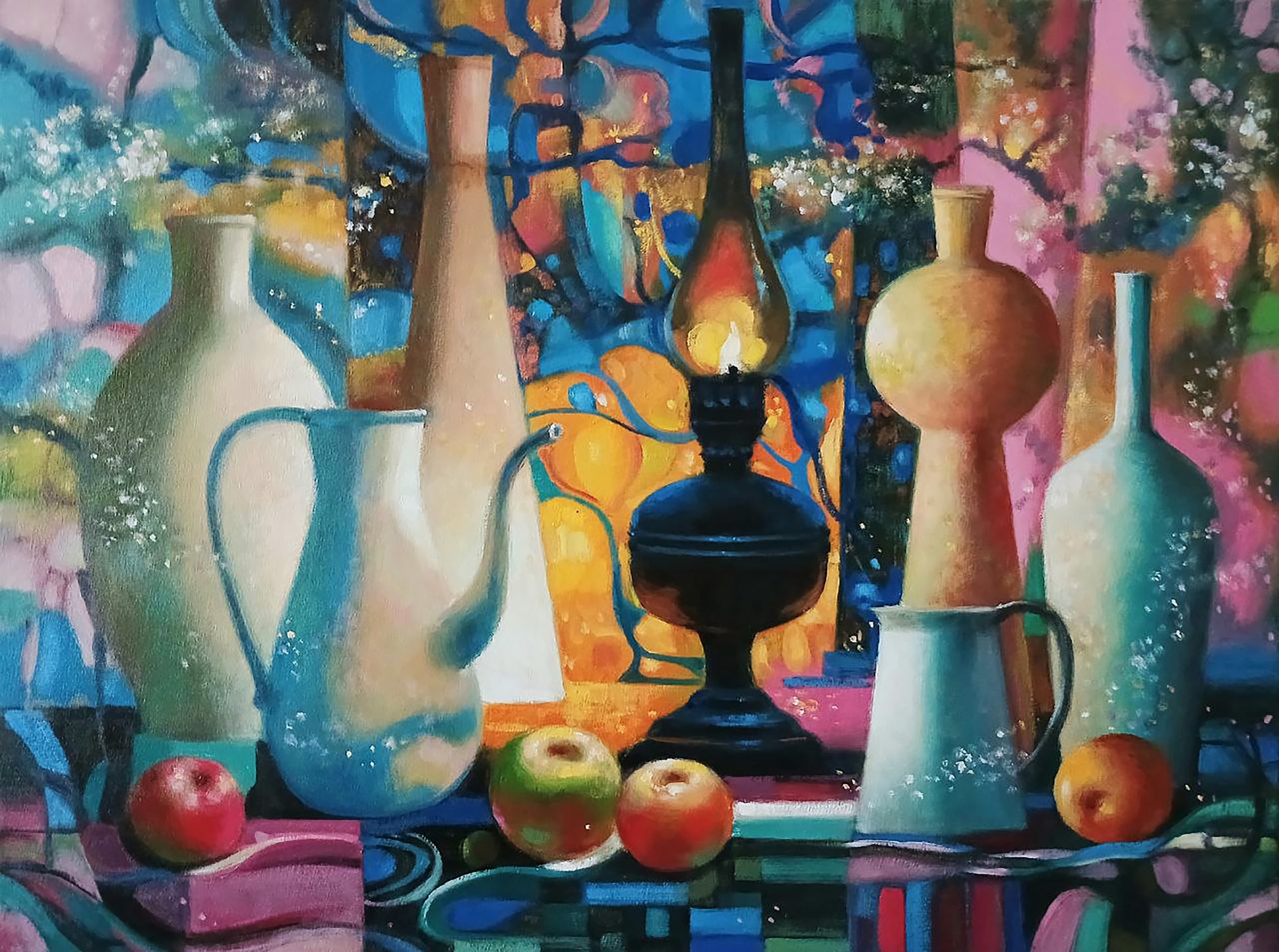 Oil painting by Anatoly Tarabanov: black lamp with flame, colorful vases, apples on table