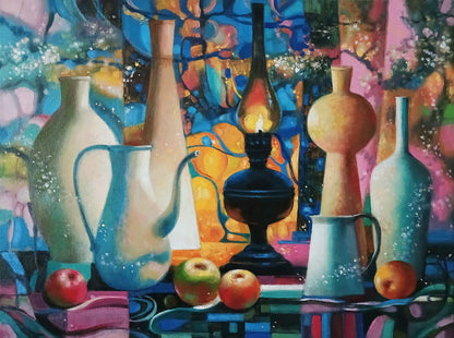 Oil painting by Anatoly Tarabanov: black lamp with flame, colorful vases, apples on table