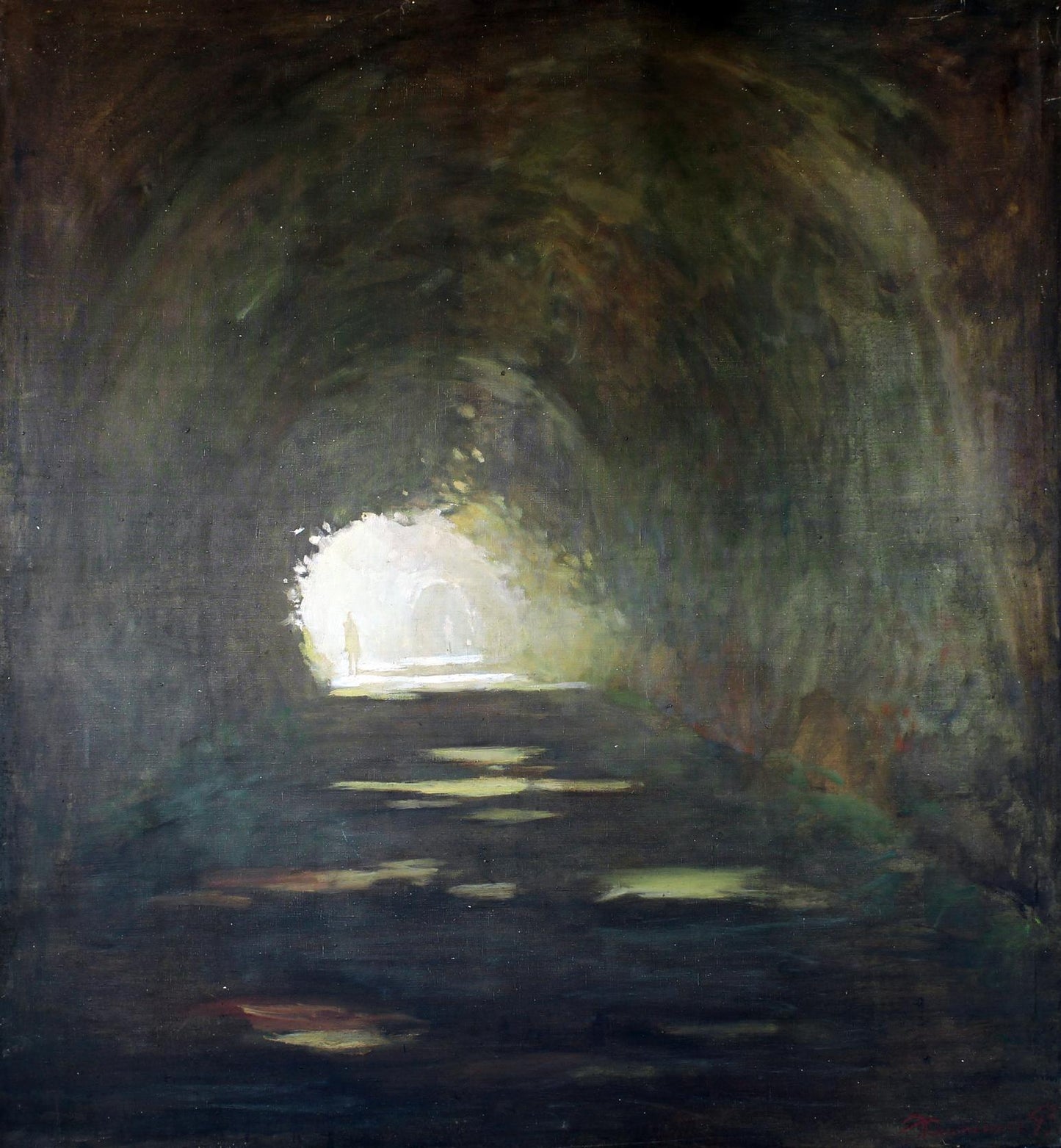 Oil painting Passage by Ed Potapenkov: dark textured tunnel with bright light at end