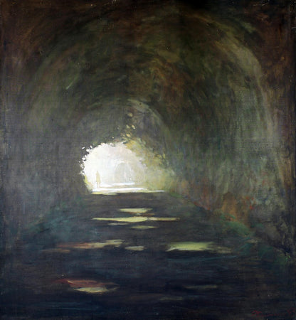 Oil painting Passage by Ed Potapenkov: dark textured tunnel with bright light at end