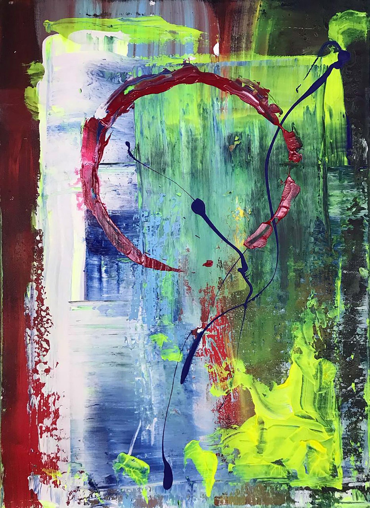 Abstract red sun acrylic painting by Olga Melezhik with bold green, red, blue strokes