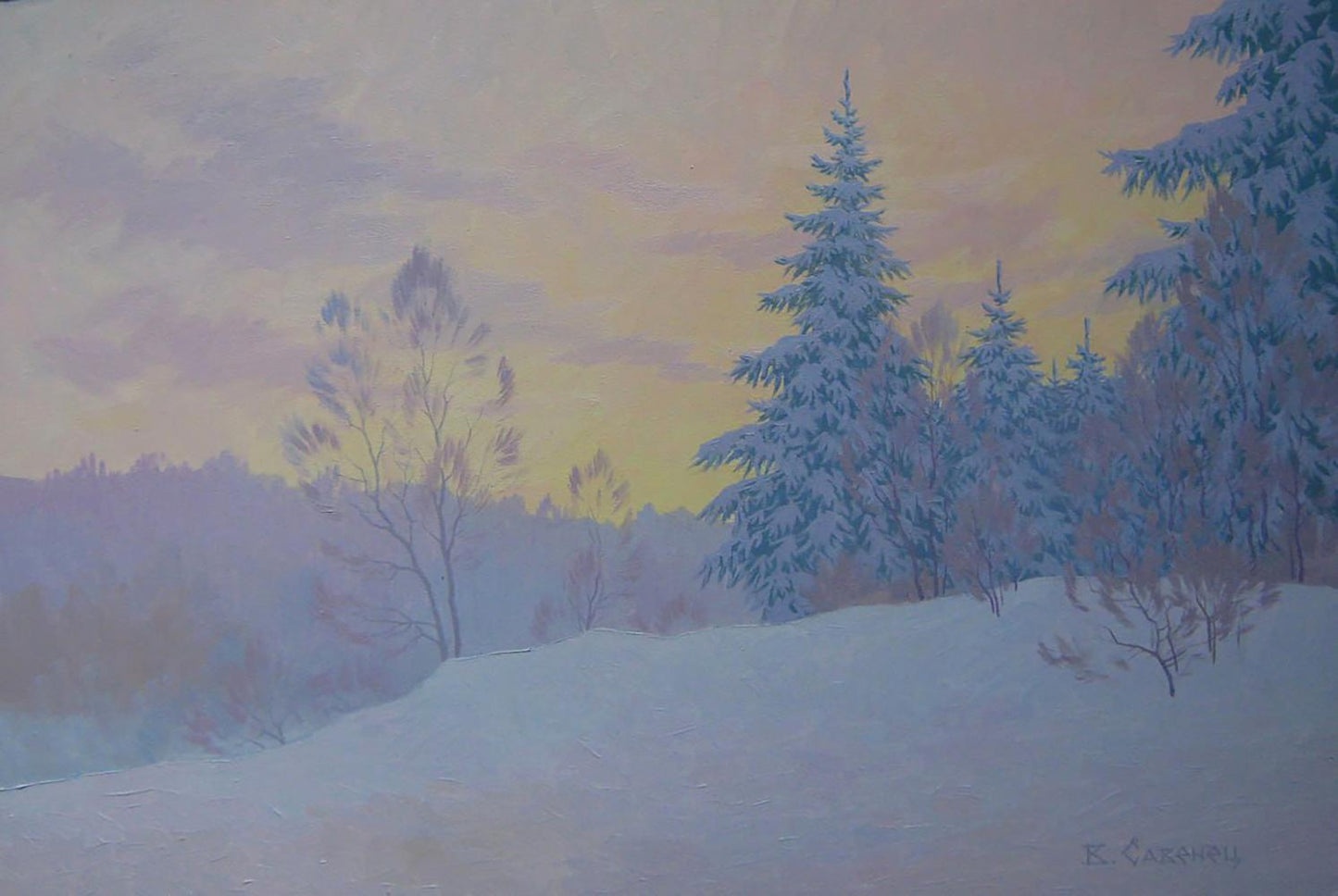 Snow-covered pine trees in Valery Savenets oil painting Winter sleep in the forest