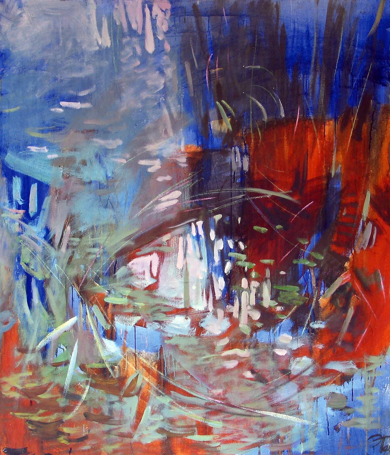 Oil painting Water Ed Potapenkov with bold blue red green brushstrokes