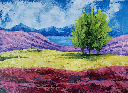 Vibrant impressionist oil painting by V. Zadorozhnya with lush trees in yellow field