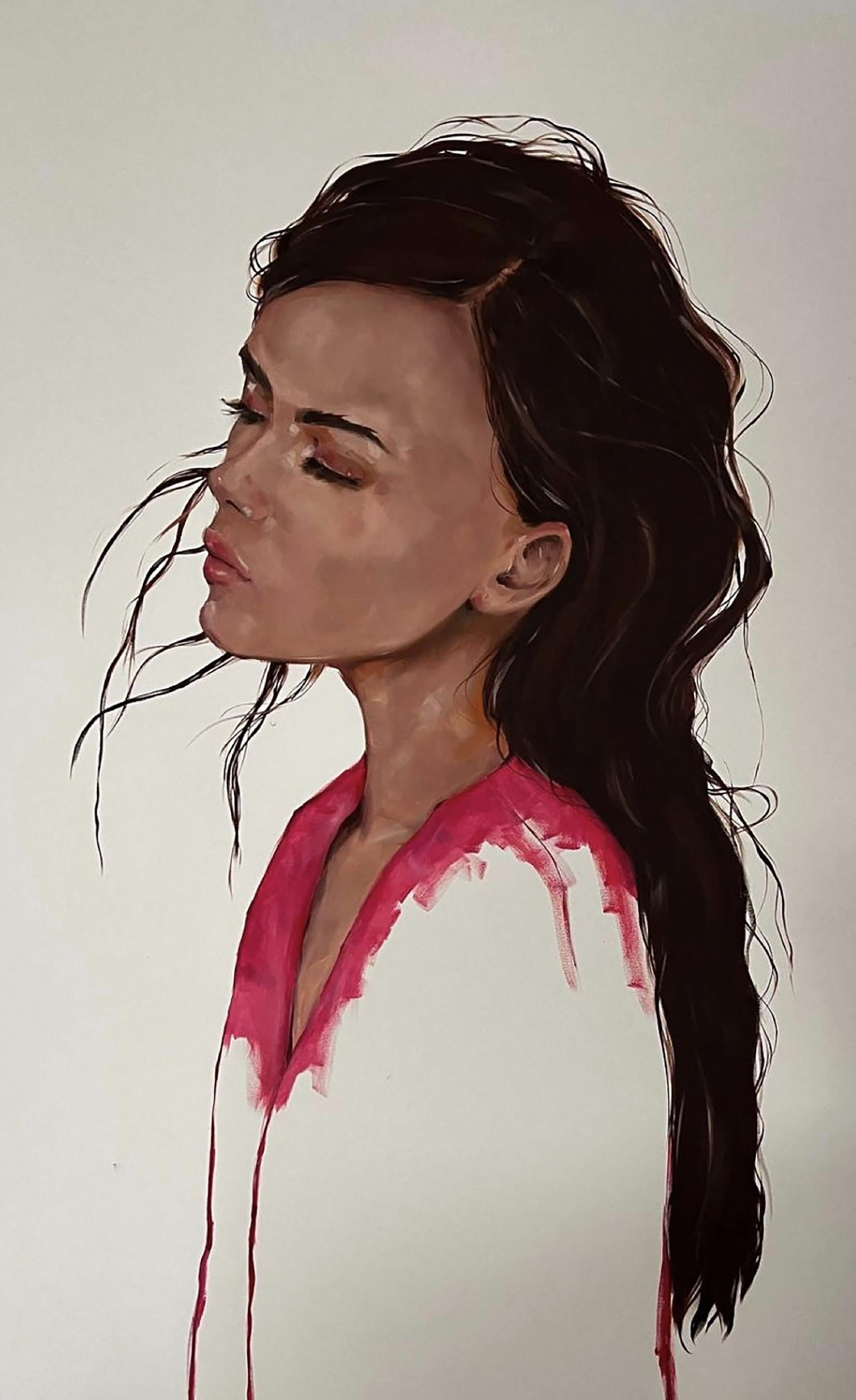 Watercolor woman with dark wavy hair, pink paint drips, Expressiveity by Victoria Kagalovska