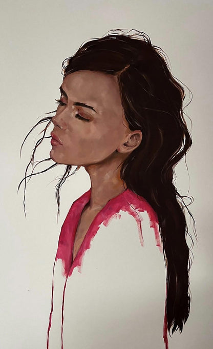 Watercolor woman with dark wavy hair, pink paint drips, Expressiveity by Victoria Kagalovska