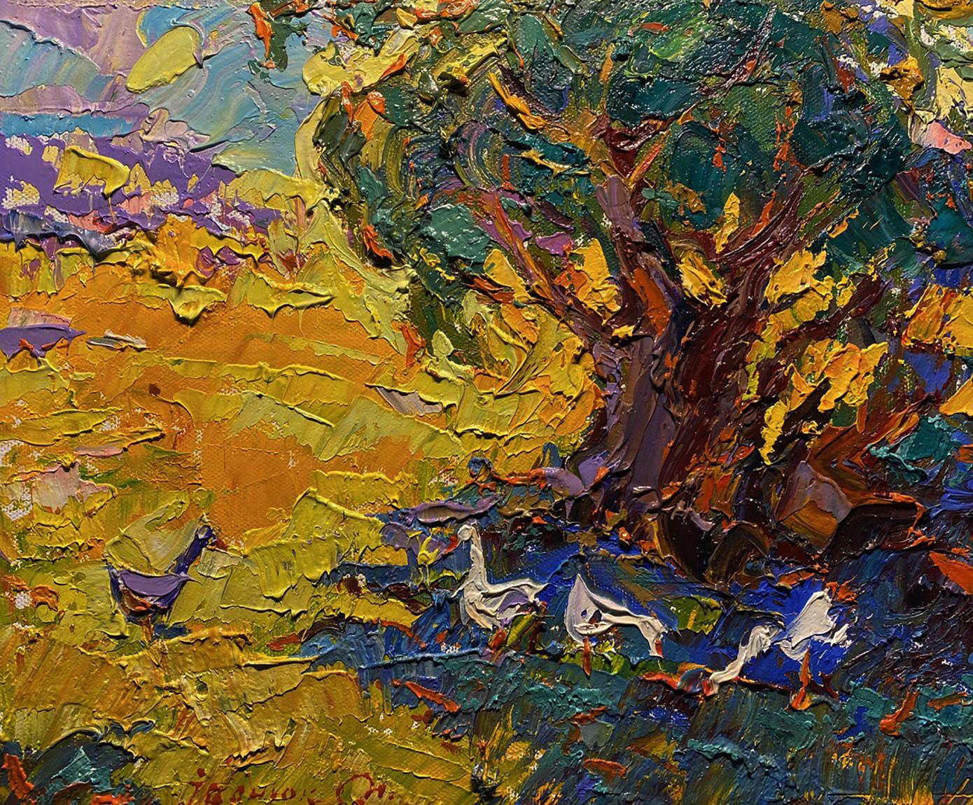 Vibrant Oleksiy Ivanyuk oil painting of geese under willows