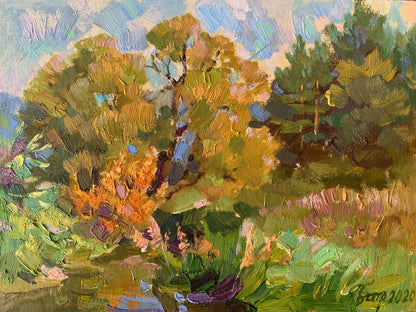 Vibrant impressionist autumn trees painting by Vladimir Batrakov, wholesale $95