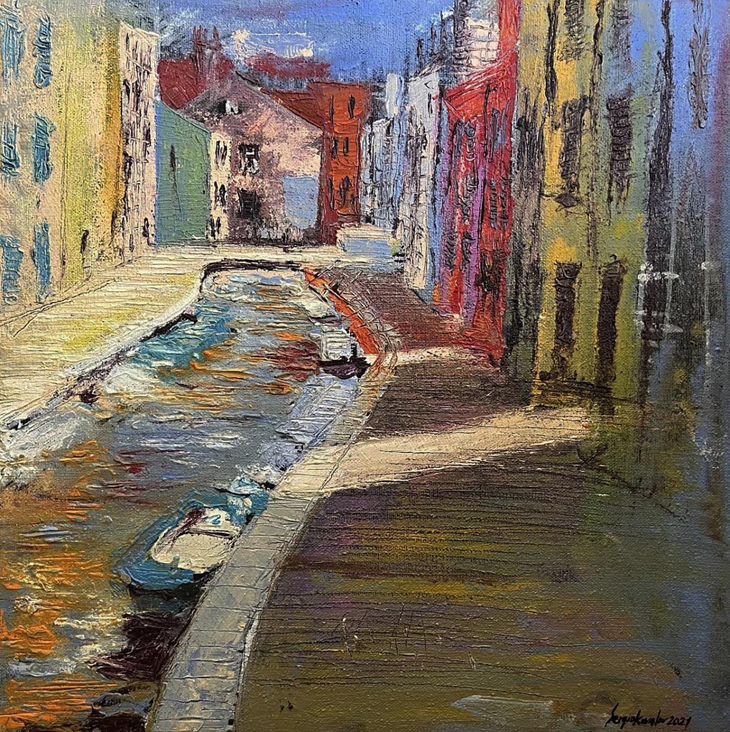 Vibrant impressionist oil painting Compromise by Serhiy Kovalev, colorful canal scene