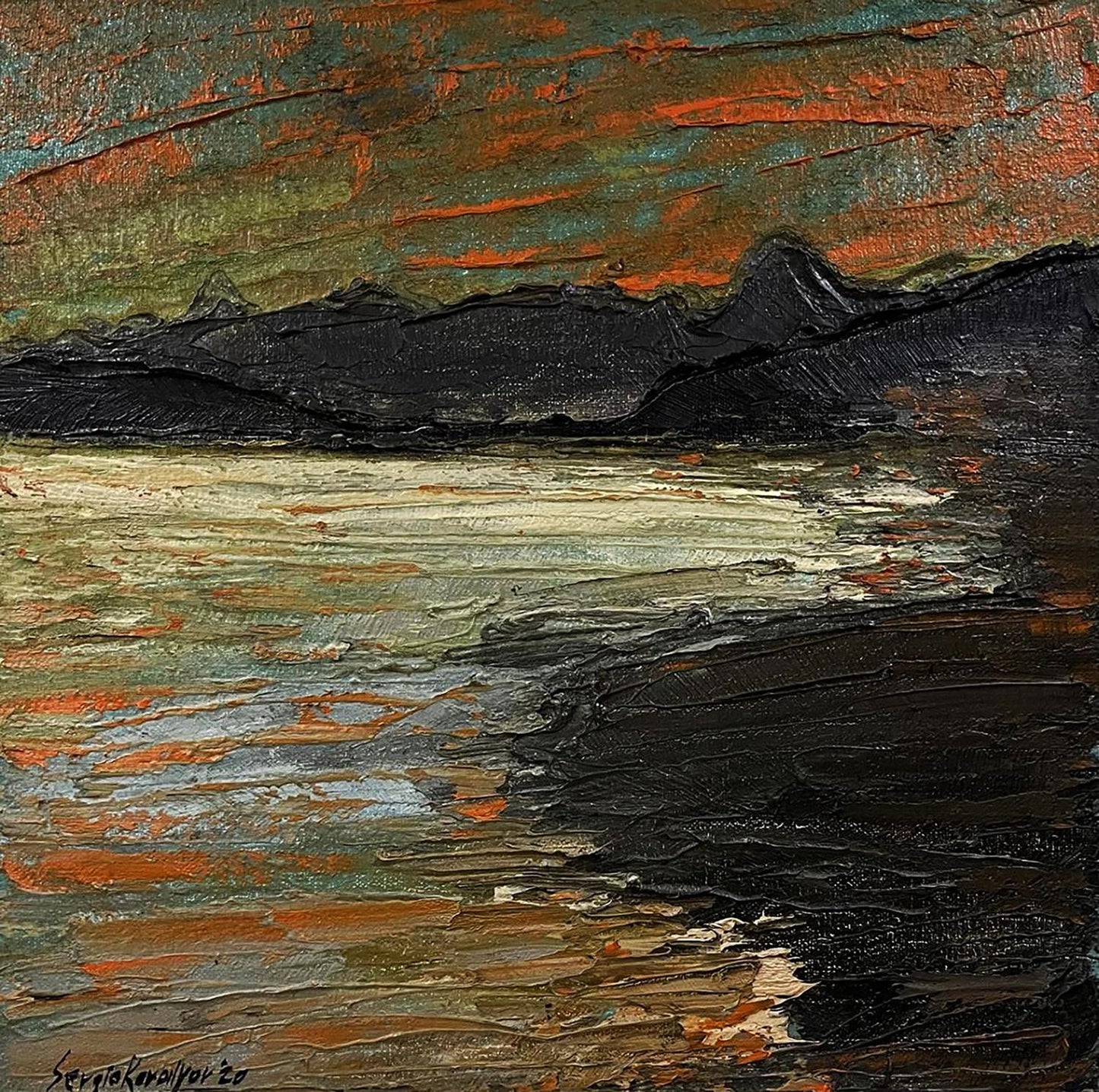 Oil painting On the Other Side by Serhiy Kovalev: black mountains, orange-teal sky