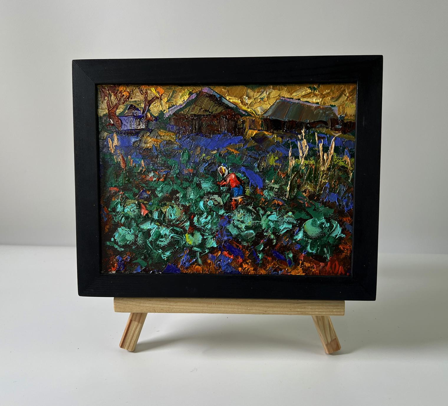 Oil painting of village evening garden by Oleksiy Ivanyuk in black frame