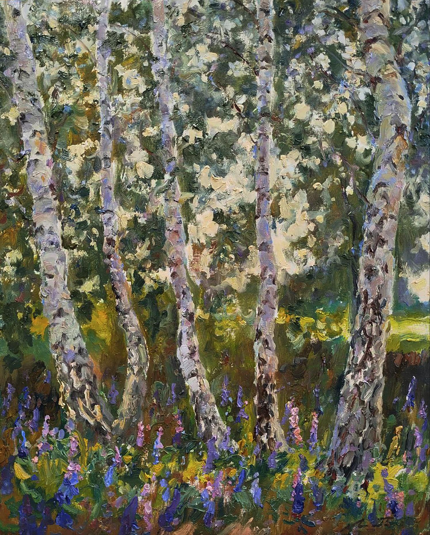 Vibrant oil painting of blooming lupines in birch forest by Leonid Pavlenko