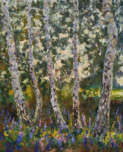 Vibrant oil painting of blooming lupines in birch forest by Leonid Pavlenko