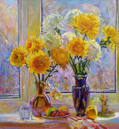 Oil painting Sunny autumn Leonid Pavlenko: yellow white peonies in blue vase