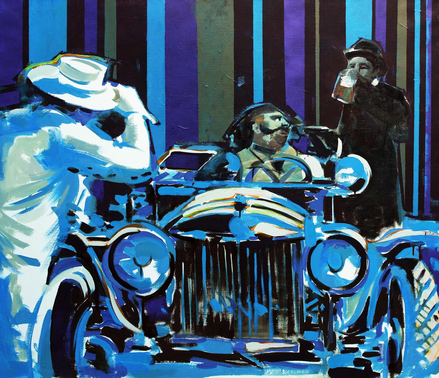 Oil painting Good evening with friends by Ed Potapenkov: vibrant blue vintage car