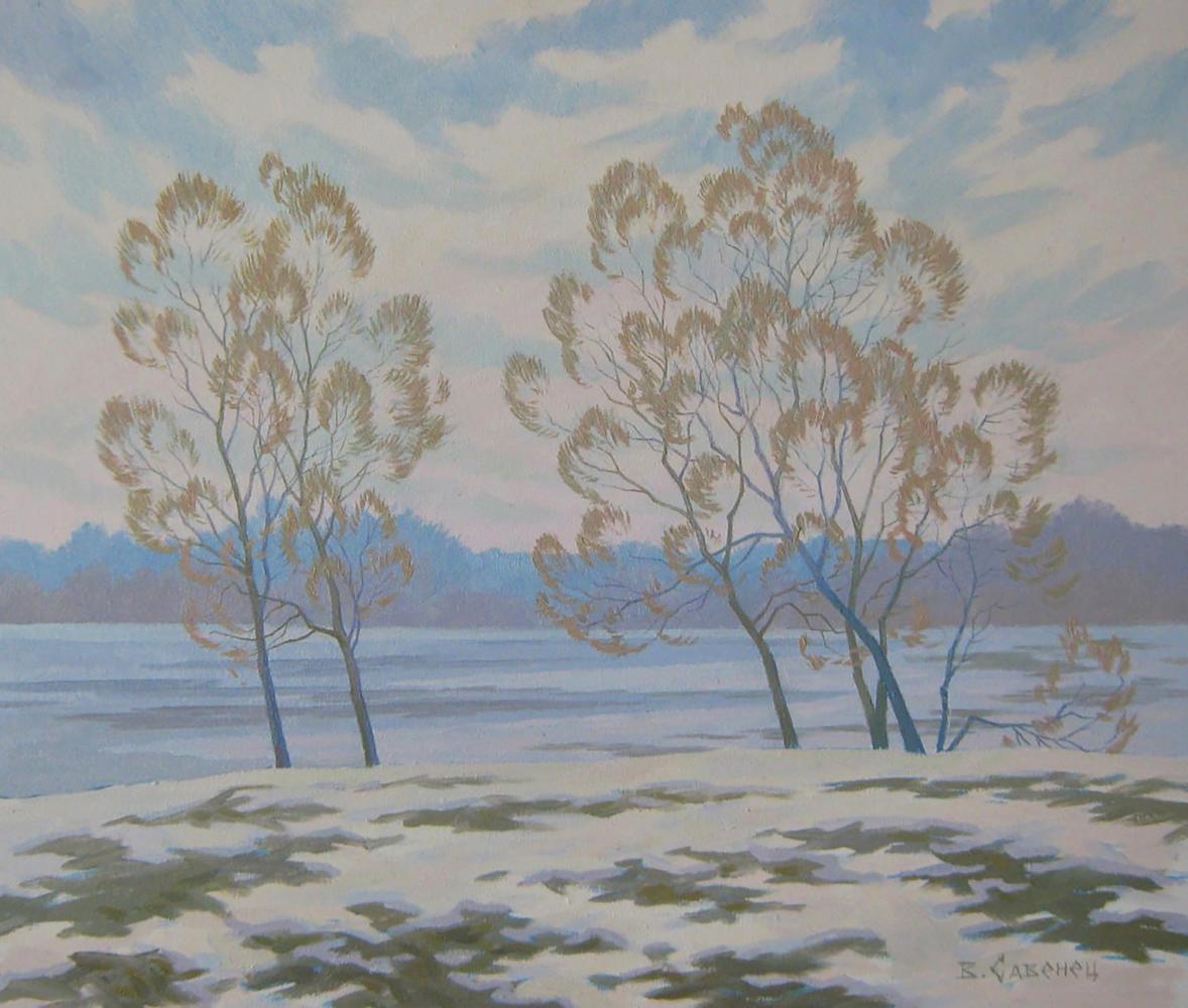 Oil painting The March snow hasnt gone yet by Valery Savenets serene trees by water