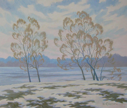 Oil painting The March snow hasnt gone yet by Valery Savenets serene trees by water