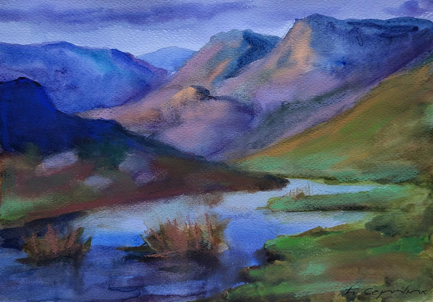 Watercolor painting of clouds over mountain ridges by Boris Serdyuk