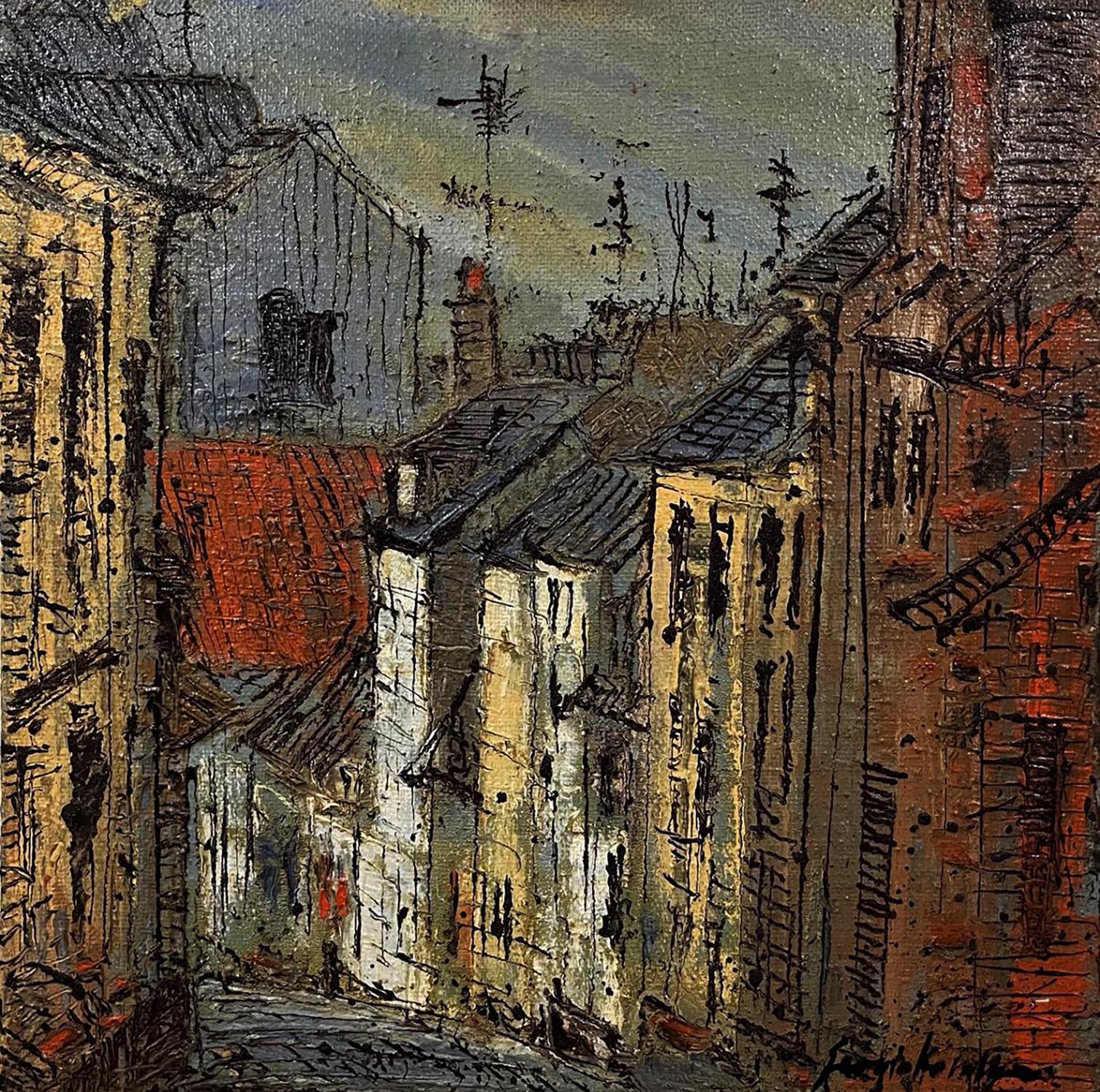 Oil painting City Descent by Serhiy Kovalev: textured urban alleyway