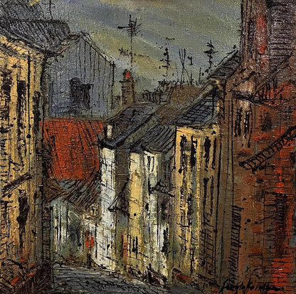Oil painting City Descent by Serhiy Kovalev: textured urban alleyway