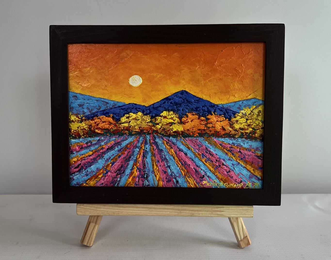 Vibrant oil painting by V. Zadorozhnya: lavender field under orange sunset sky