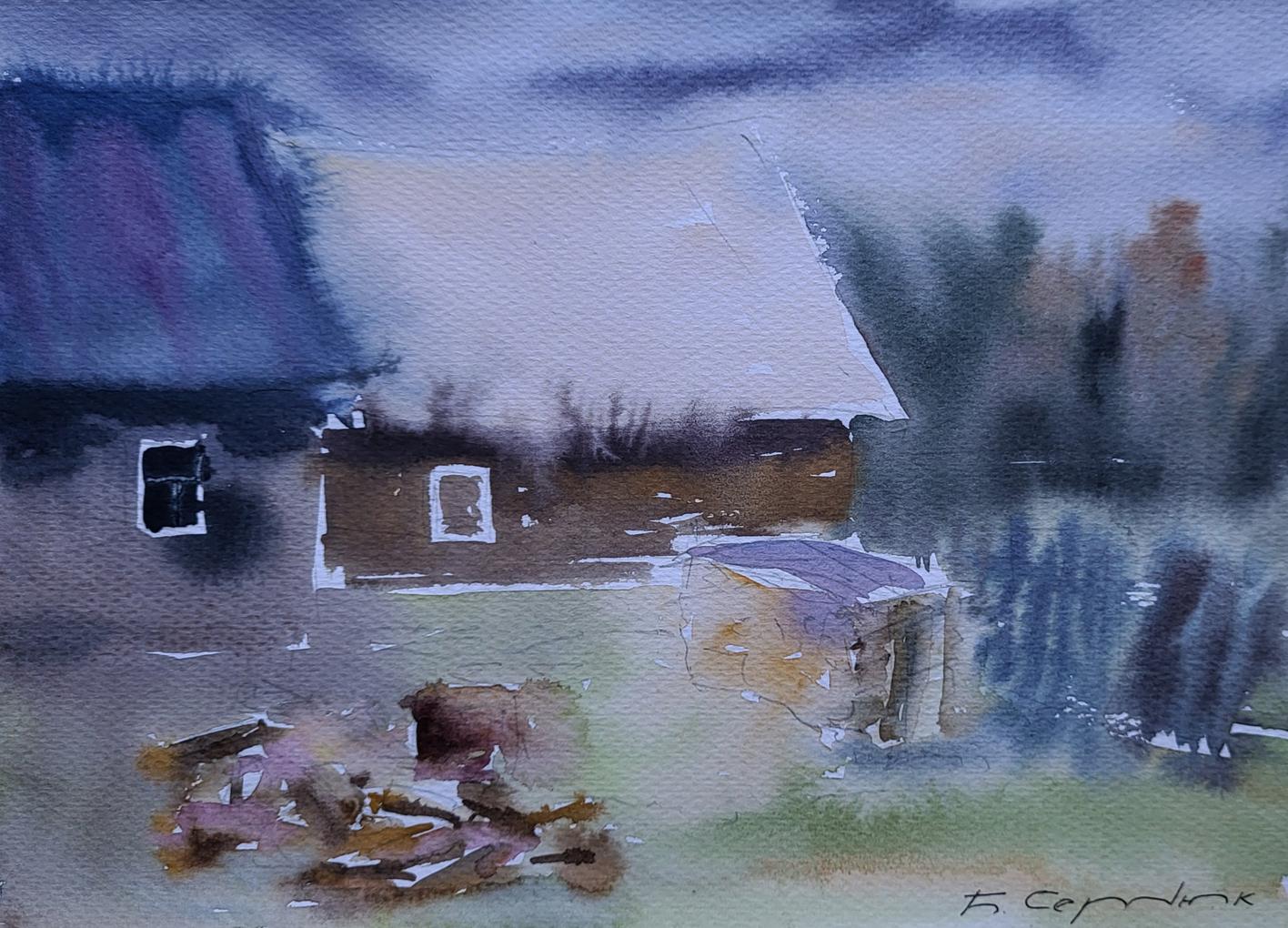 Watercolor painting of snowy rustic house by Boris Serdyuk