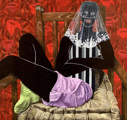 Acrylic painting Under the veil of peace by Akintomide Akinshola, woman in striped dress