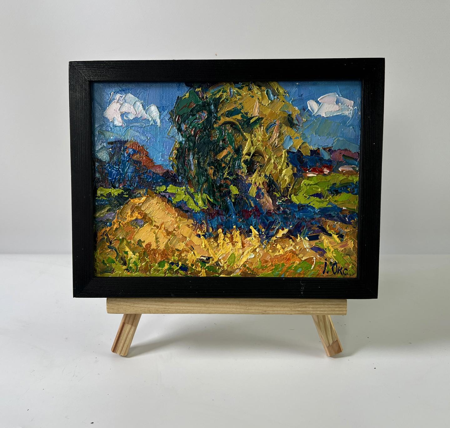 Oil painting Summer haymaking by Oksana Ivanyuk, vibrant impressionist landscape in black frame