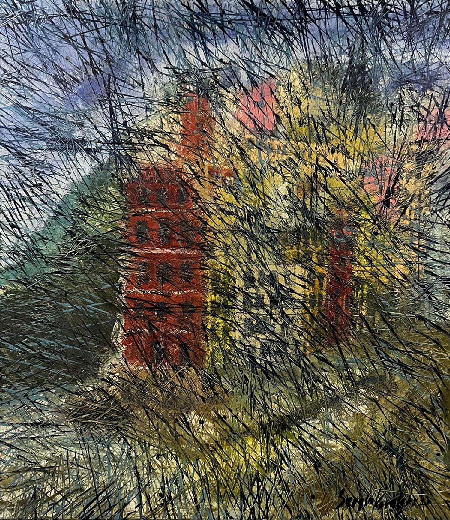 Oil painting There is fog in the city by Serhiy Kovalev, abstract red yellow forms in black fog