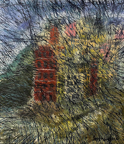 Oil painting There is fog in the city by Serhiy Kovalev, abstract red yellow forms in black fog