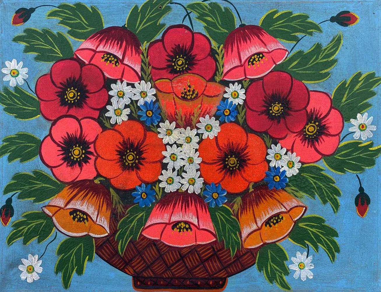 Oil painting of vibrant red poppies in woven brown basket