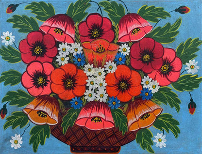 Oil painting of vibrant red poppies in woven brown basket