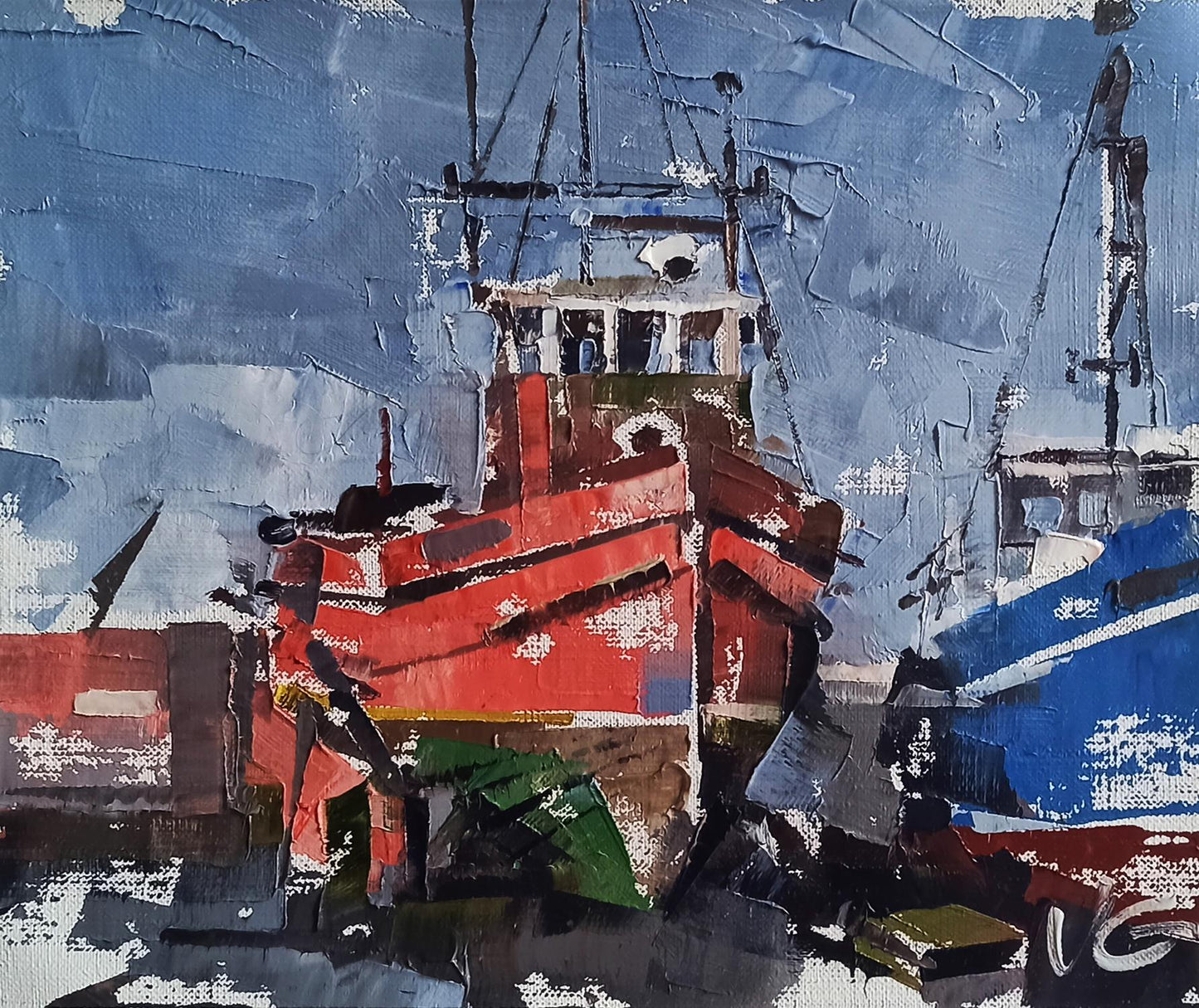 Textured impressionistic oil painting of red ship in port by Volodymyr Gluhomanyuk