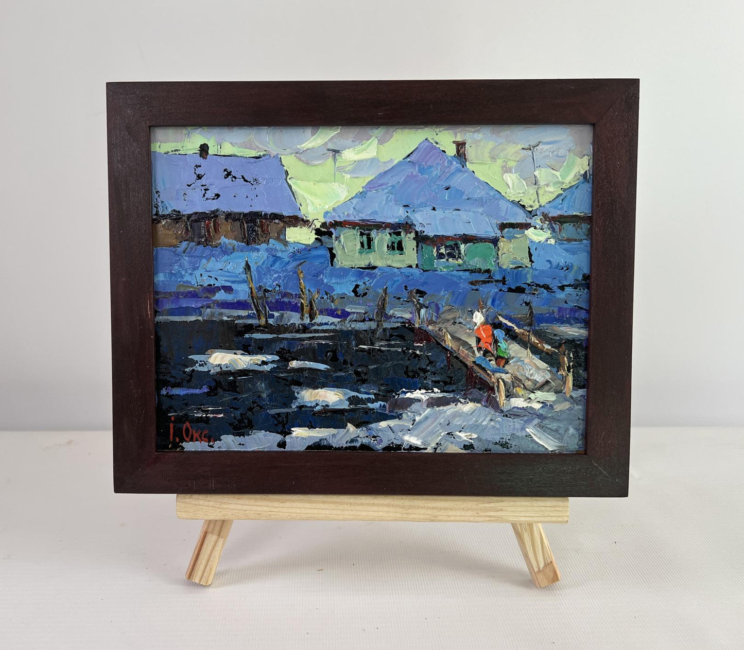 Framed oil painting Evening Light of Native House by Oksana Ivanyuk snowy village scene
