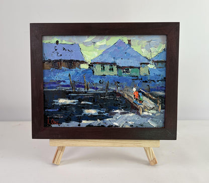 Framed oil painting Evening Light of Native House by Oksana Ivanyuk snowy village scene