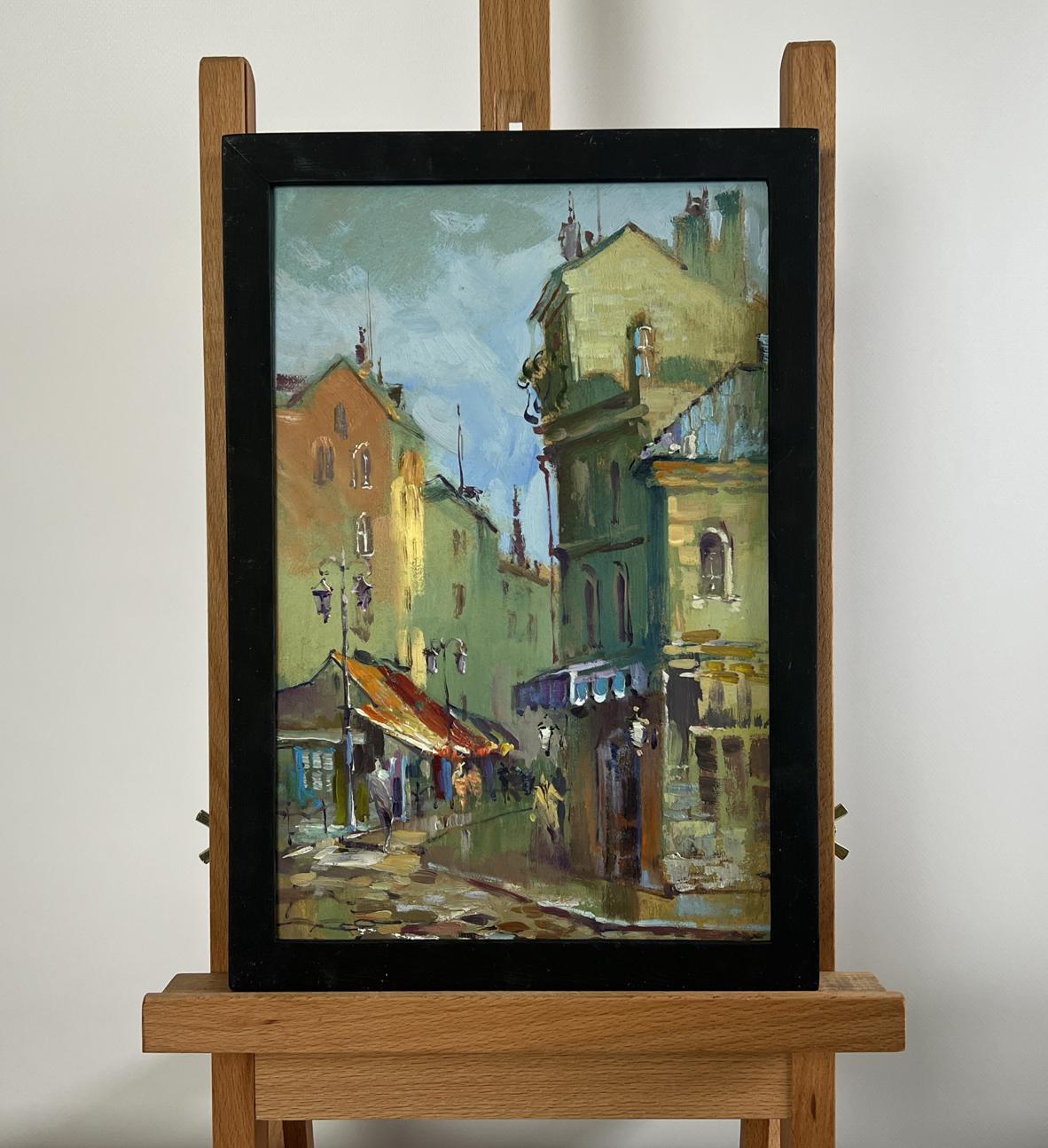 Oil painting Shadows of Old Venice by Yuriy Suprunchuk in black frame on easel