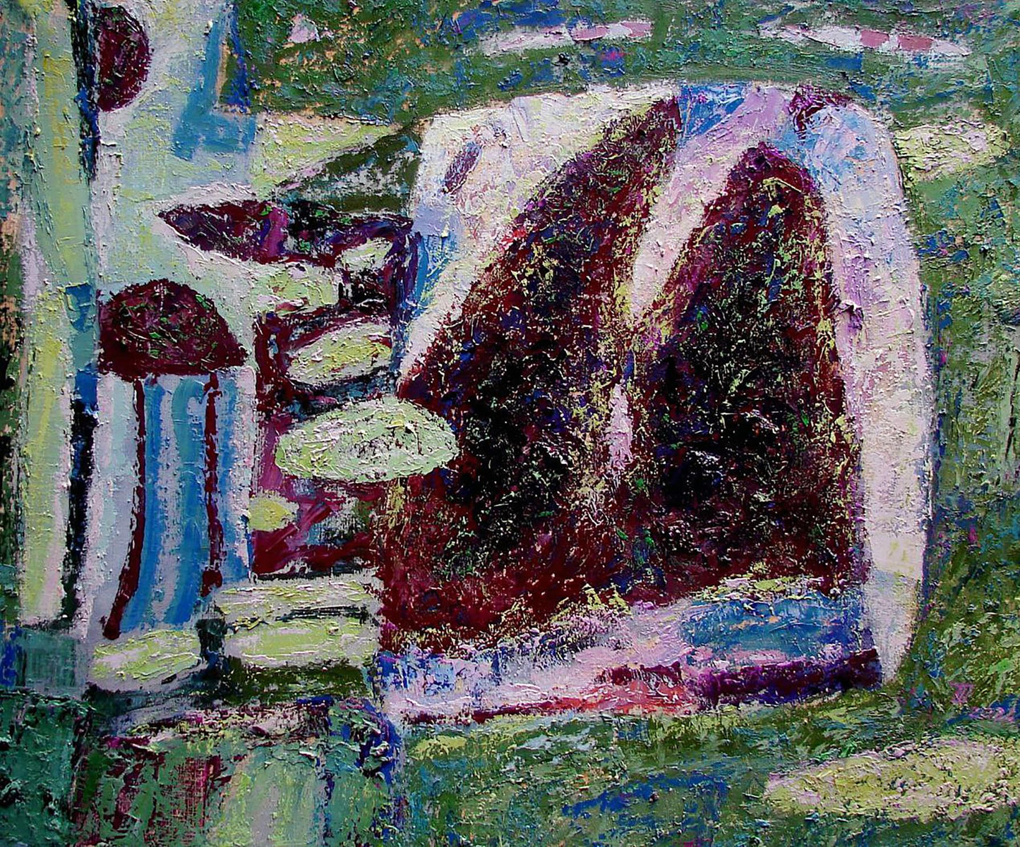 Oil painting Montenegro by Tatyana Shulyak with red, white, green strokes