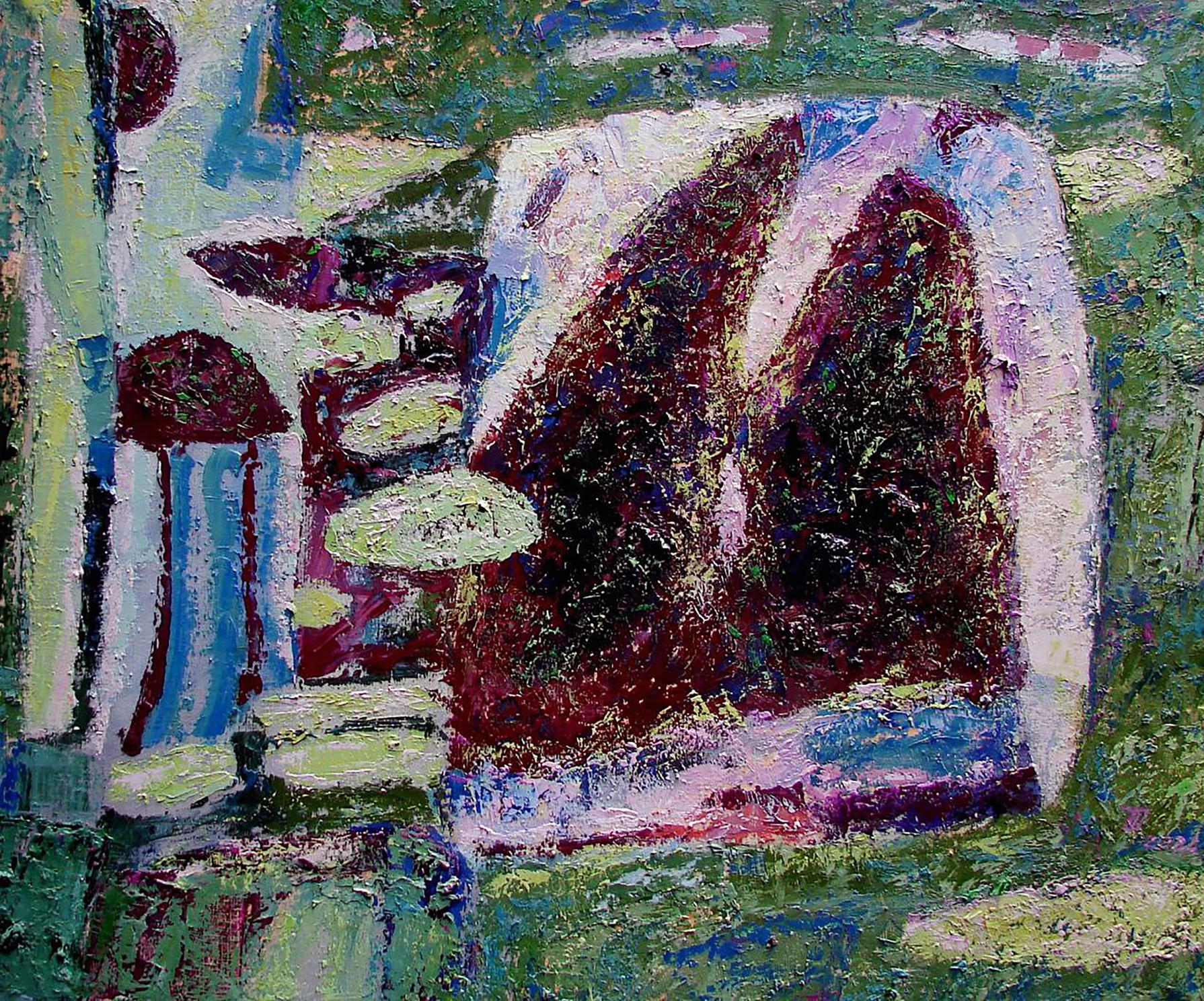 Oil painting Montenegro by Tatyana Shulyak with red, white, green strokes