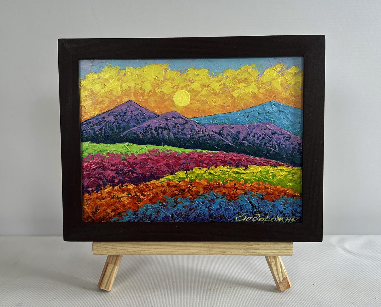 Oil painting Sunset in the mountains by V. Zadorozhnya in black frame