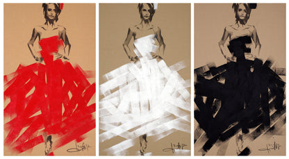 Three stylized women in abstract red white black dresses by Dima Filatov acrylic bride painting