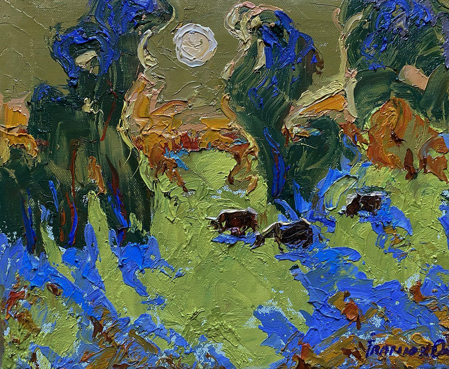 Vibrant Oleksiy Ivanyuk oil painting After lunch in the field with animals under white moon